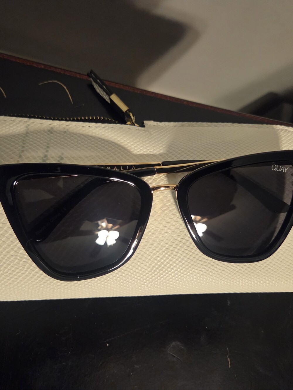 Quay Australia Black Cat-Eye Sunglasses with Gold Accents